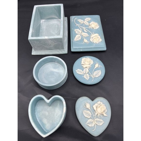 Set (3) Soapstone Jewelry Trinket Boxes Roses Blue Design Gifts Int’l 1974 Large - Picture 10 of 12